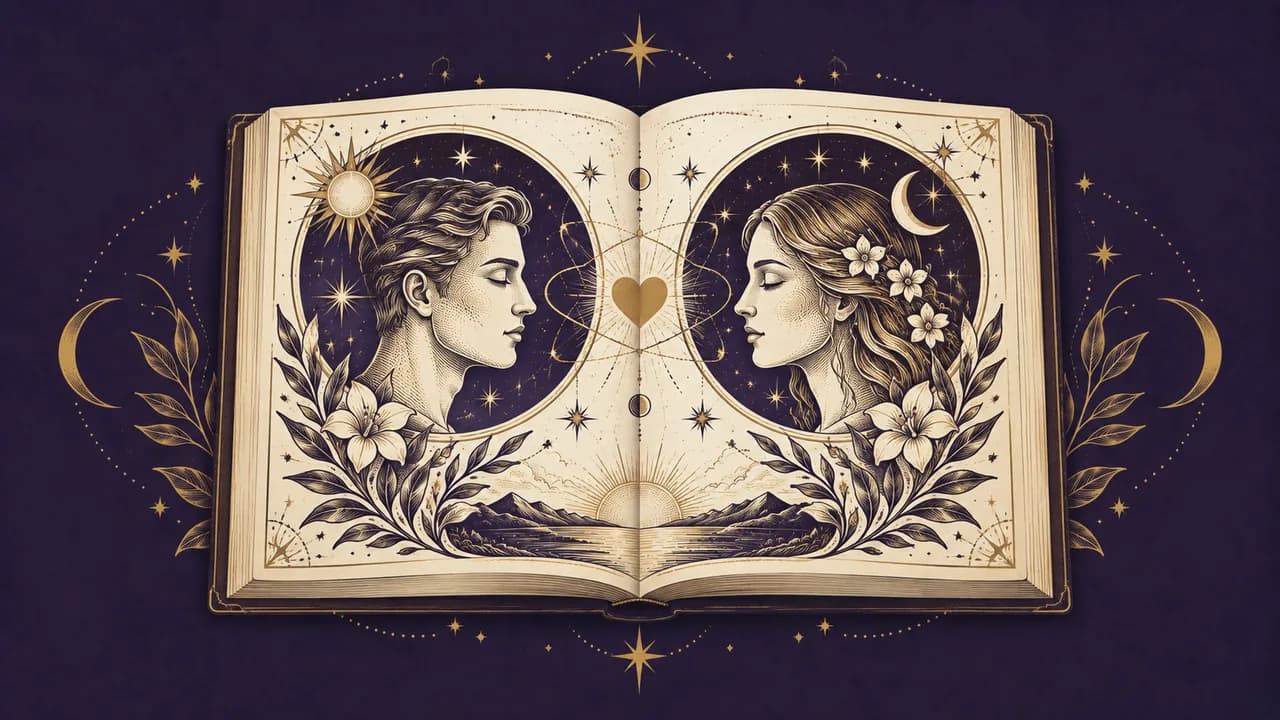 An open illustrated book with two facing profiles connected by a golden heart