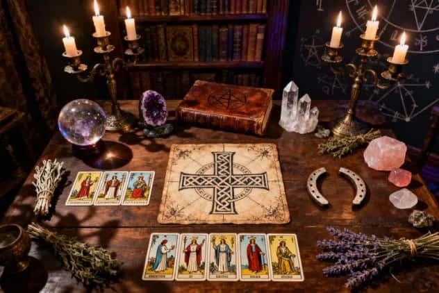 Tiradas y diseños de tarot con configuración mística y herramientas de adivinación