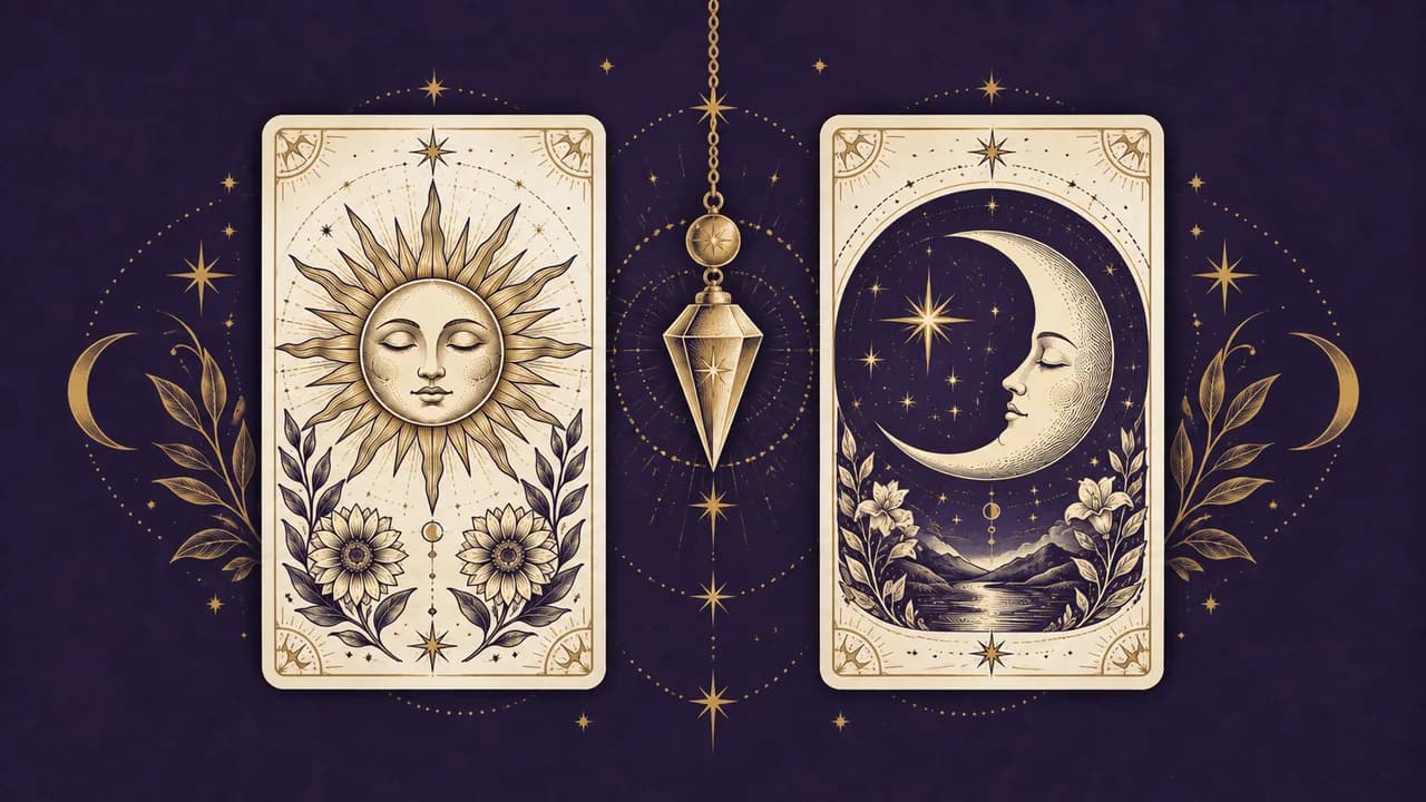 Sun and moon tarot cards with a pendulum symbolizing a yes-or-no choice